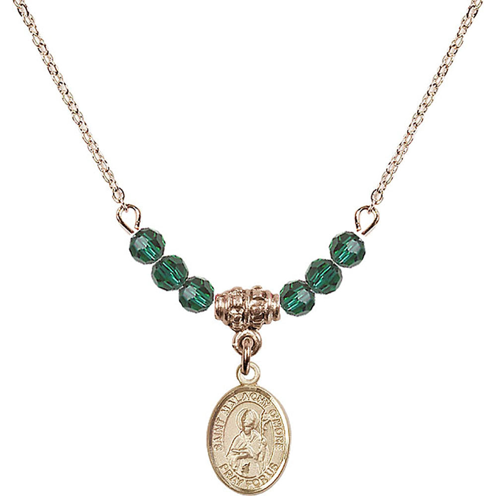 14kt Gold Filled Saint Malachy O'More Birthstone Necklace with Emerald Beads - 9316