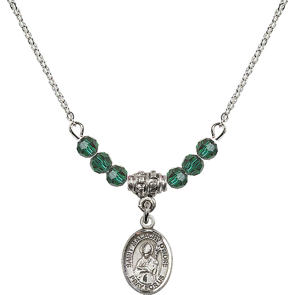 Sterling Silver Saint Malachy O'More Birthstone Necklace with Emerald Beads - 9316