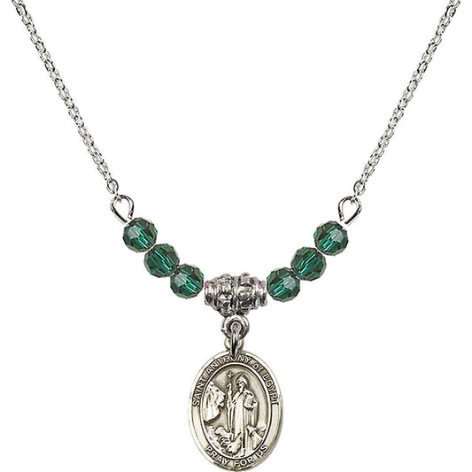 Sterling Silver Saint Anthony of Egypt Birthstone Necklace with Emerald Beads - 9317