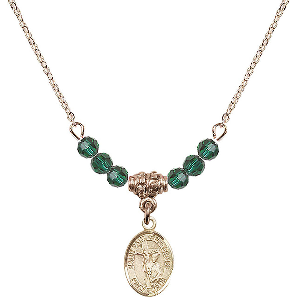 14kt Gold Filled Saint Paul of the Cross Birthstone Necklace with Emerald Beads - 9318
