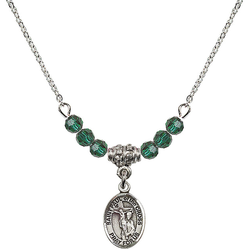Sterling Silver Saint Paul of the Cross Birthstone Necklace with Emerald Beads - 9318