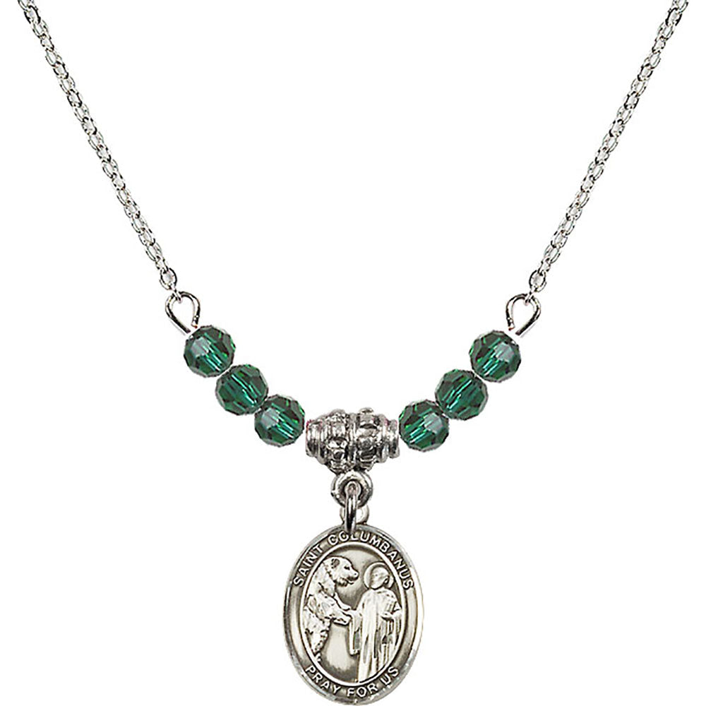 Sterling Silver Saint Columbanus Birthstone Necklace with Emerald Beads - 9321