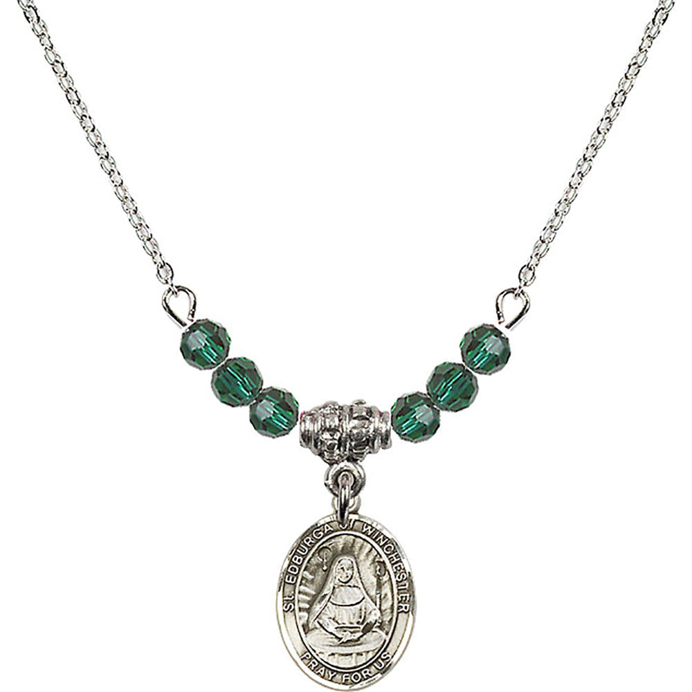 Sterling Silver Saint Edburga of Winchester Birthstone Necklace with Emerald Beads - 9324
