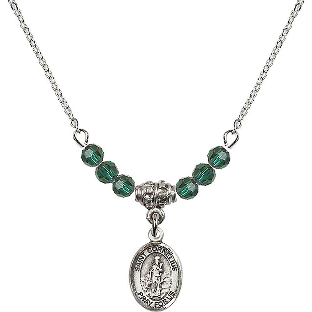 Sterling Silver Saint Cornelius Birthstone Necklace with Emerald Beads - 9325
