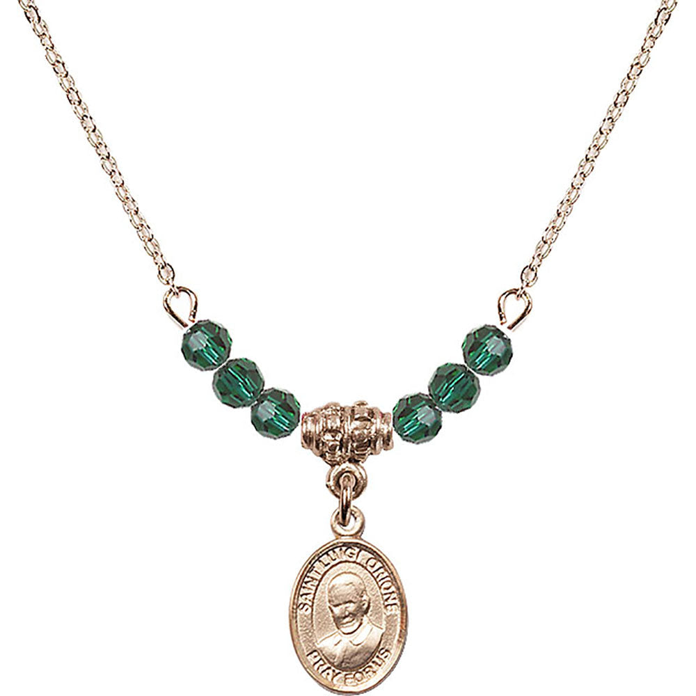 14kt Gold Filled Saint Luigi Orione Birthstone Necklace with Emerald Beads - 9326