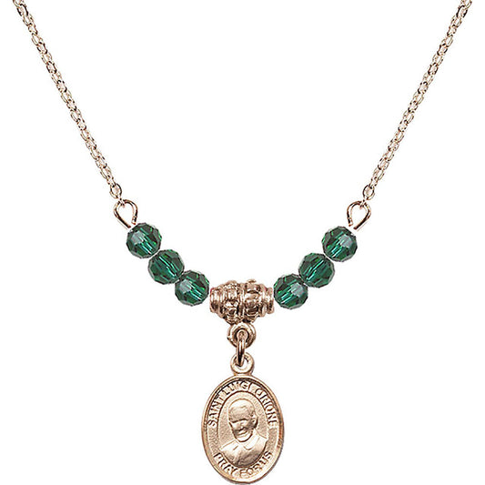 14kt Gold Filled Saint Luigi Orione Birthstone Necklace with Emerald Beads - 9326