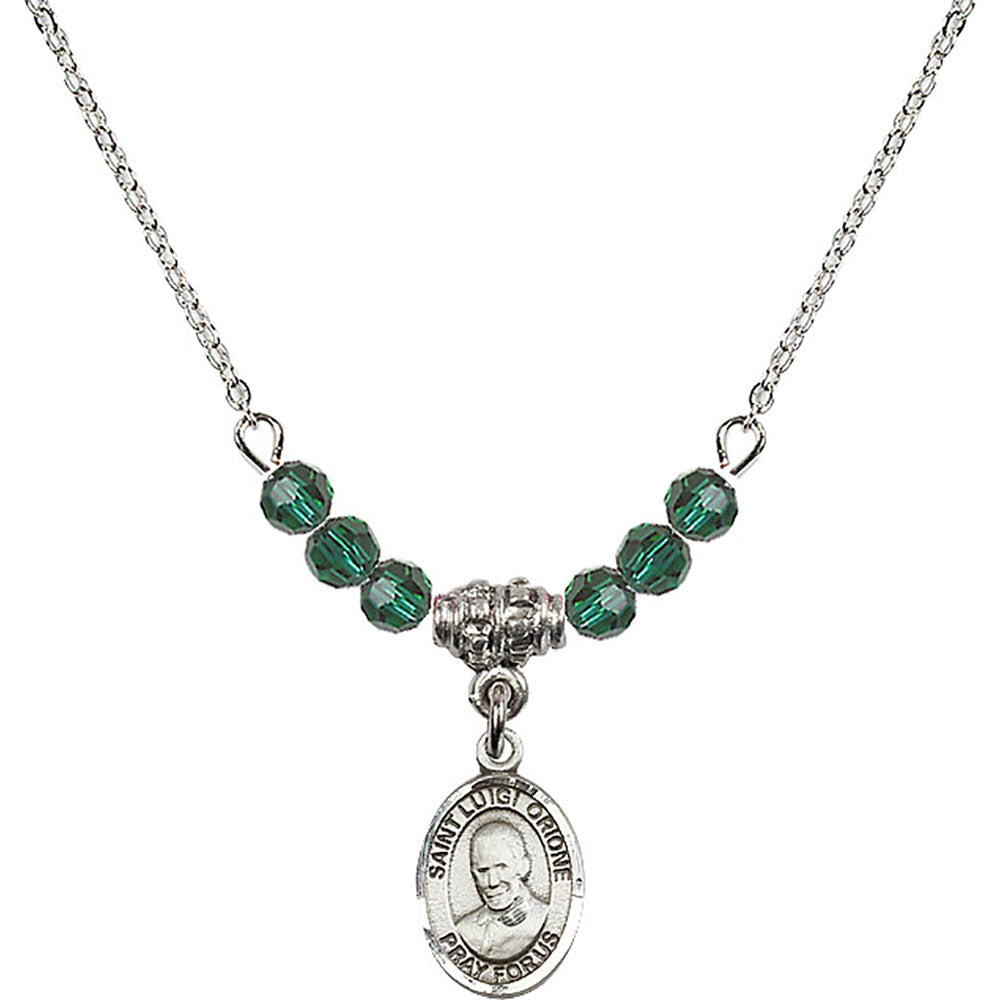 Sterling Silver Saint Luigi Orione Birthstone Necklace with Emerald Beads - 9326