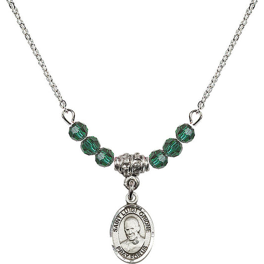 Sterling Silver Saint Luigi Orione Birthstone Necklace with Emerald Beads - 9326