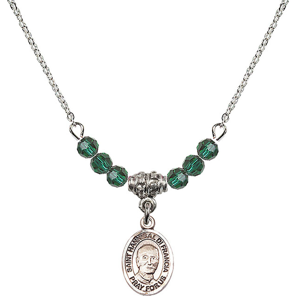 Sterling Silver Saint Hannibal Birthstone Necklace with Emerald Beads - 9327