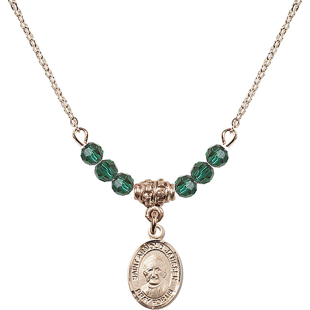 14kt Gold Filled Saint Arnold Janssen Birthstone Necklace with Emerald Beads - 9328