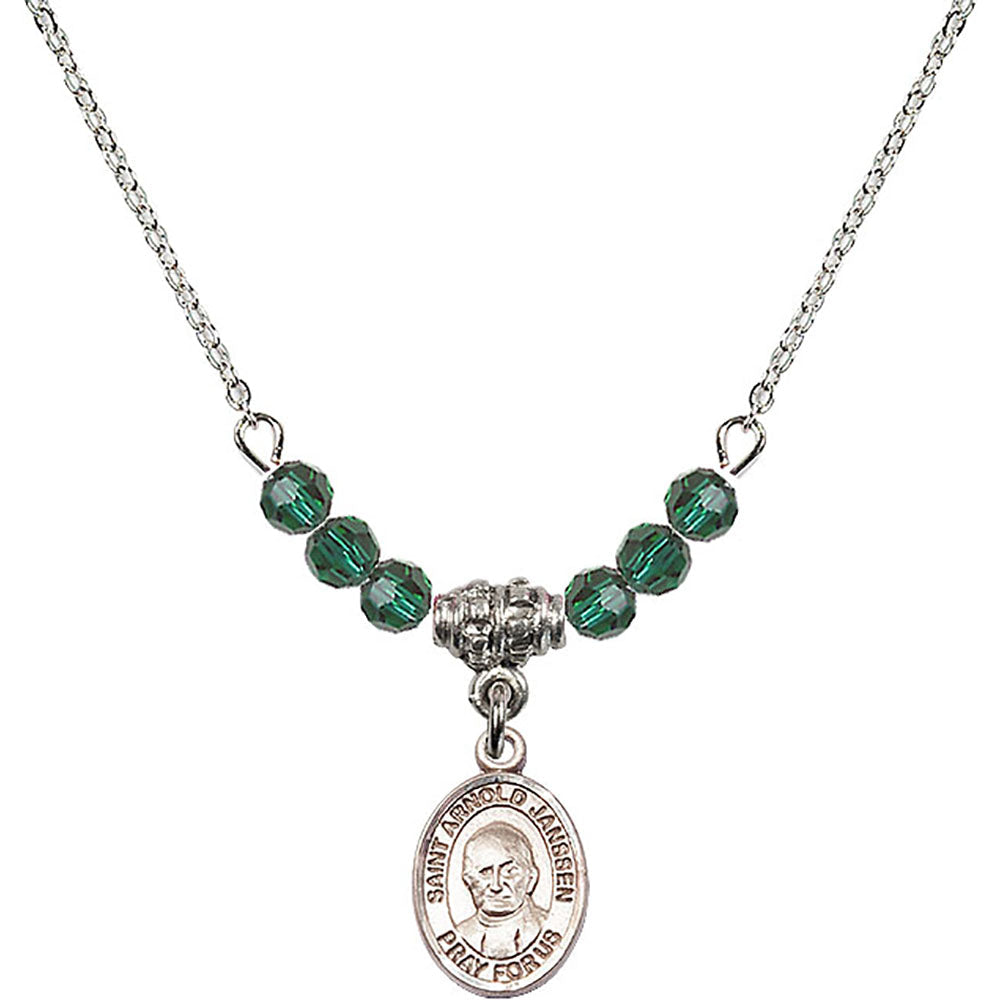 Sterling Silver Saint Arnold Janssen Birthstone Necklace with Emerald Beads - 9328