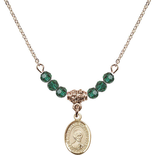 14kt Gold Filled Saint Louis Marie de Montfort Birthstone Necklace with Emerald Beads - 9330