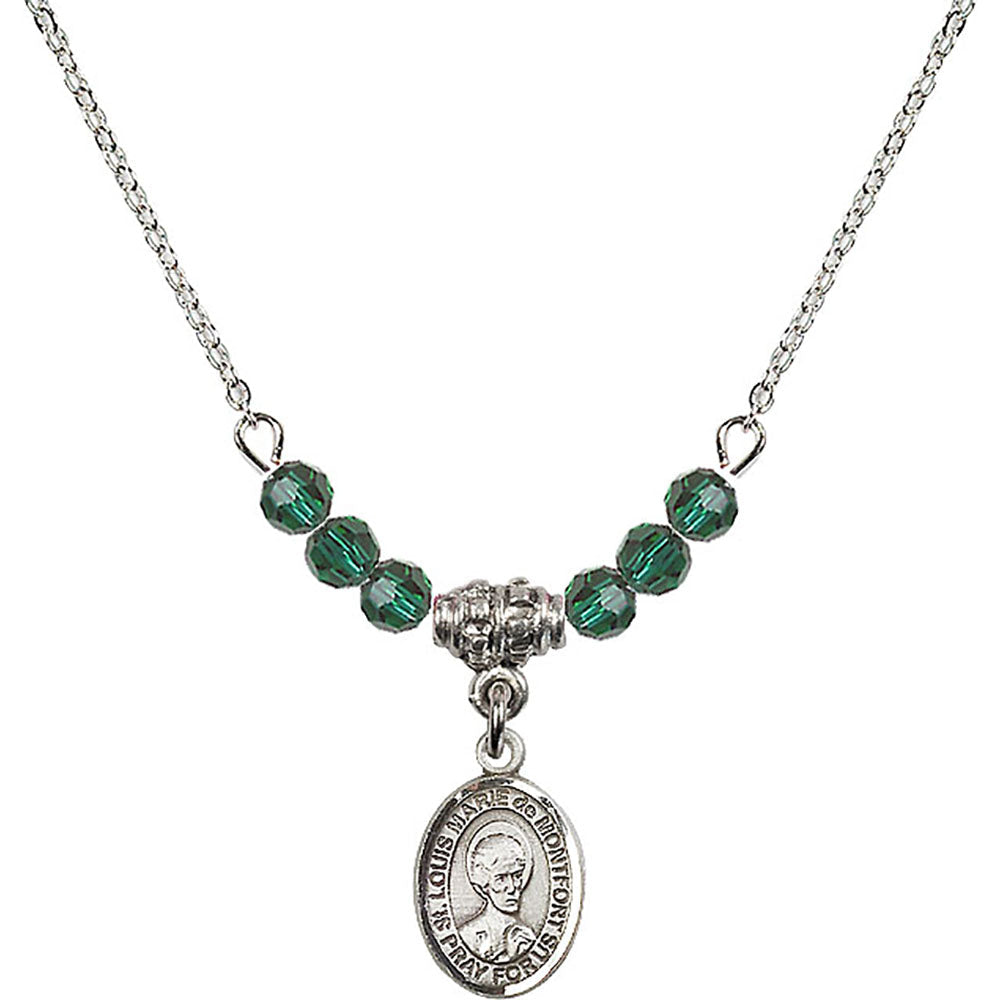 Sterling Silver Saint Louis Marie de Montfort Birthstone Necklace with Emerald Beads - 9330