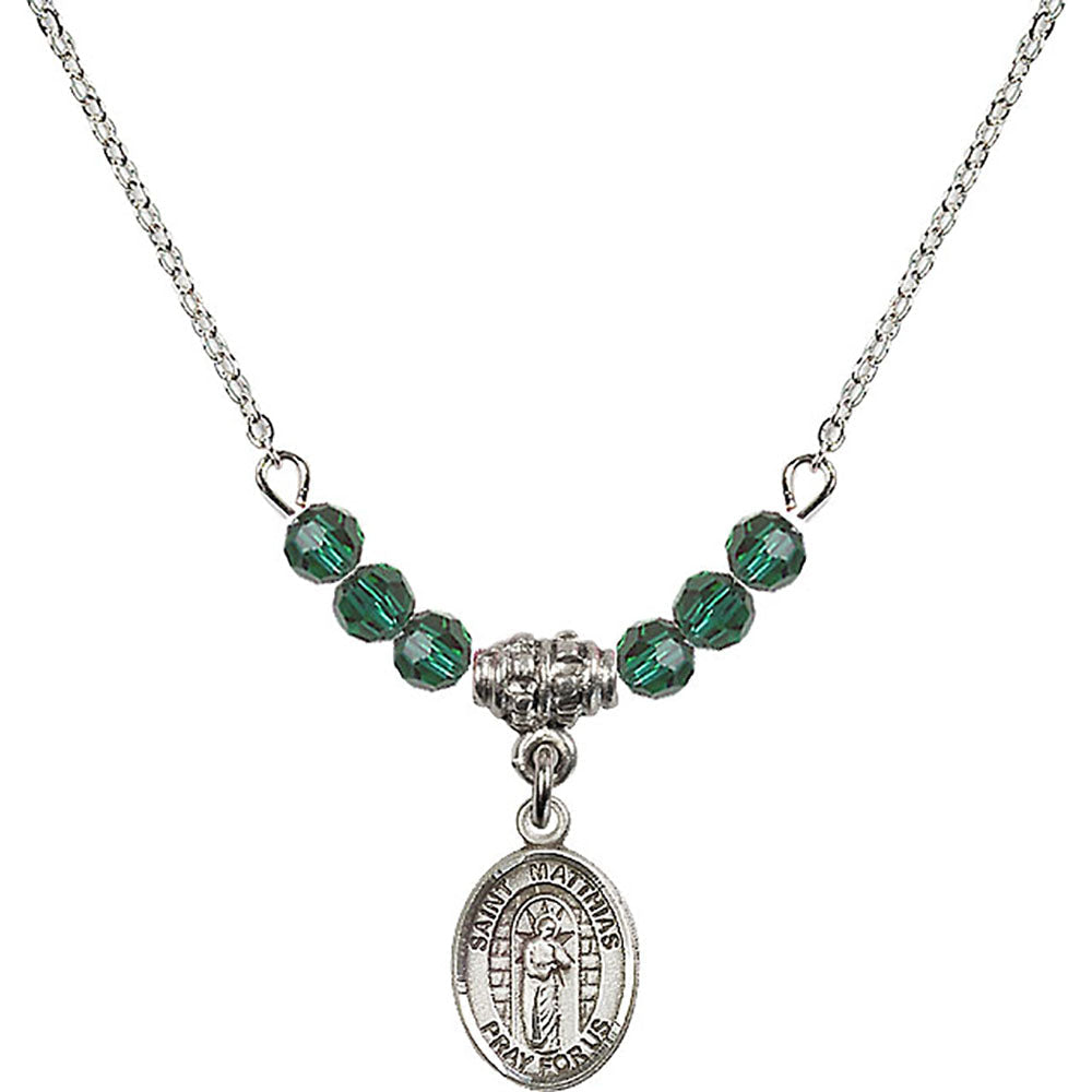 Sterling Silver Saint Matthias the Apostle Birthstone Necklace with Emerald Beads - 9331