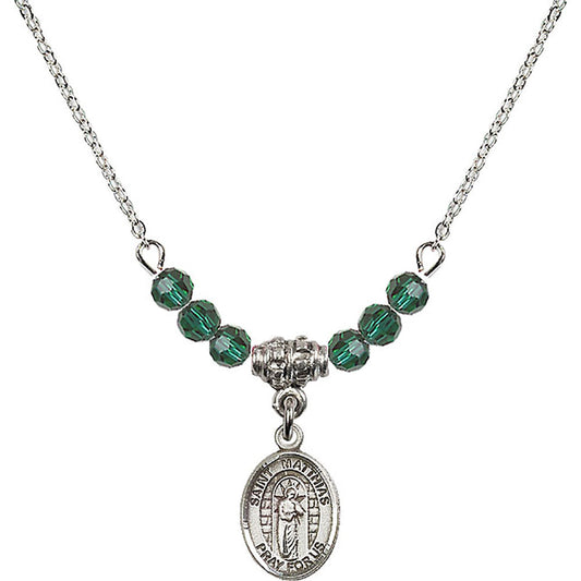 Sterling Silver Saint Matthias the Apostle Birthstone Necklace with Emerald Beads - 9331