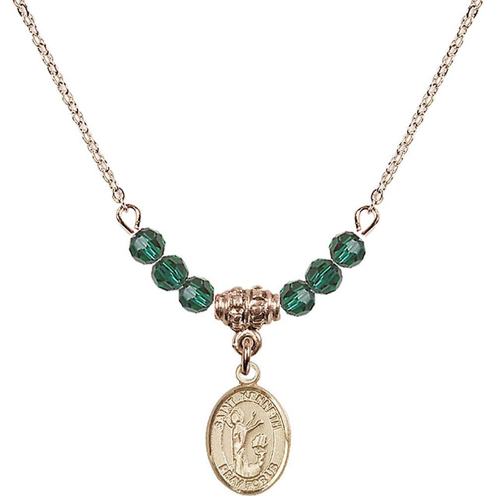 14kt Gold Filled Saint Kenneth Birthstone Necklace with Emerald Beads - 9332