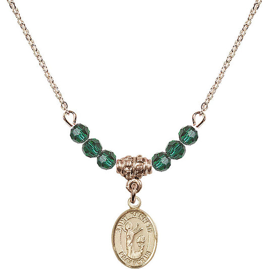14kt Gold Filled Saint Kenneth Birthstone Necklace with Emerald Beads - 9332