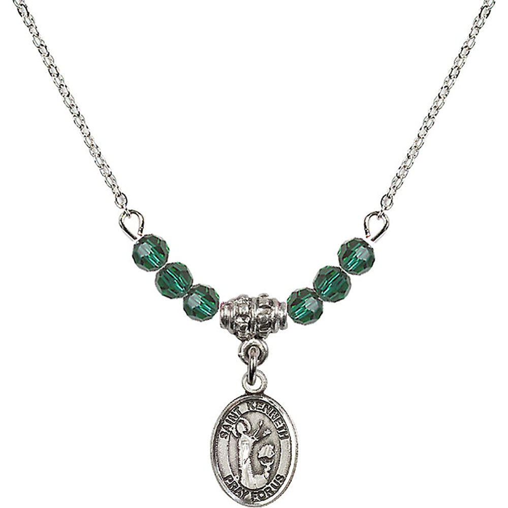 Sterling Silver Saint Kenneth Birthstone Necklace with Emerald Beads - 9332