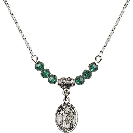 Sterling Silver Saint Kenneth Birthstone Necklace with Emerald Beads - 9332