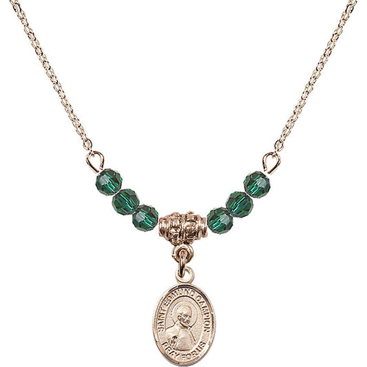 14kt Gold Filled Saint Edmund Campion Birthstone Necklace with Emerald Beads - 9333