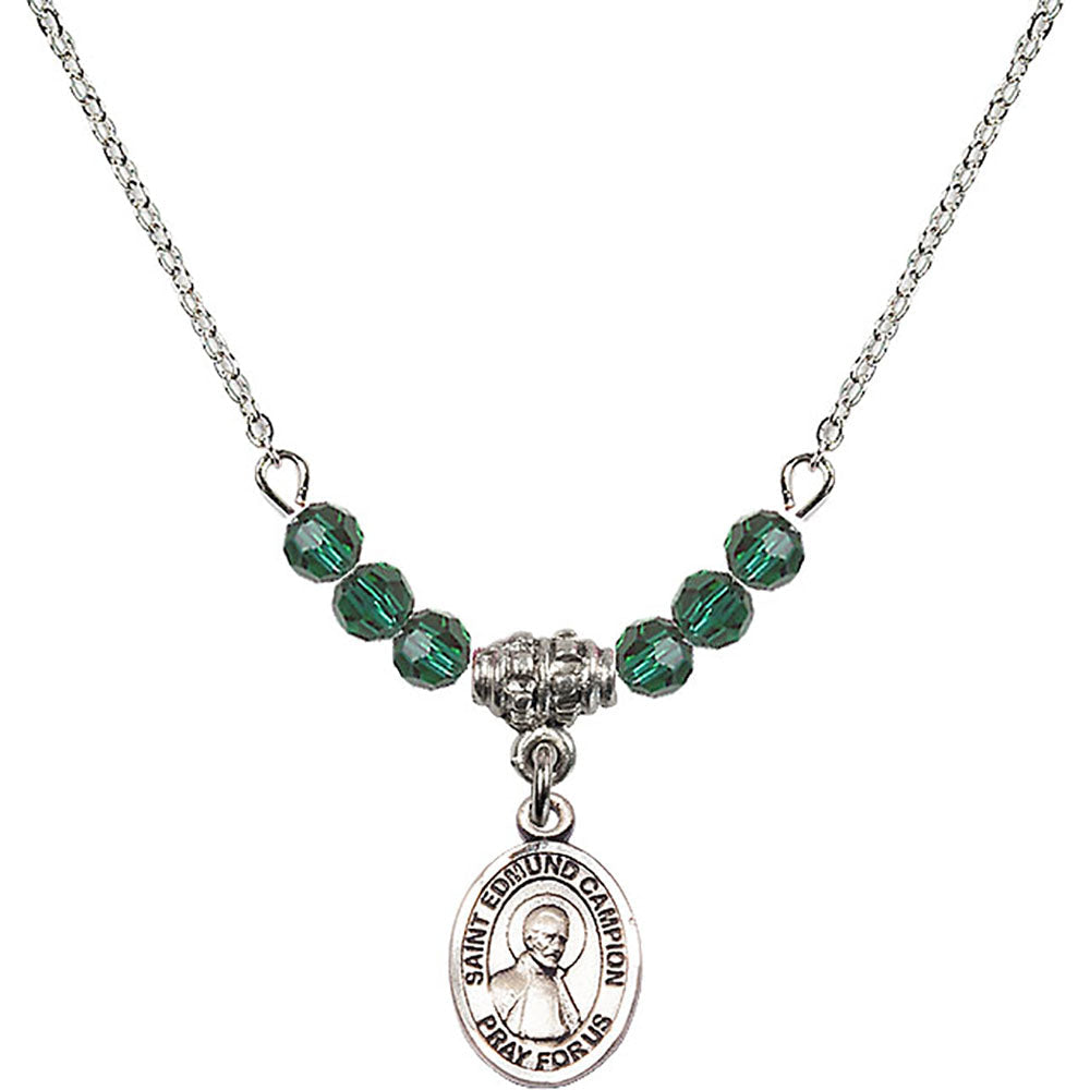 Sterling Silver Saint Edmund Campion Birthstone Necklace with Emerald Beads - 9333