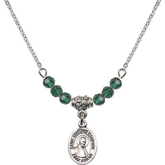 Sterling Silver Saint Edmund Campion Birthstone Necklace with Emerald Beads - 9333