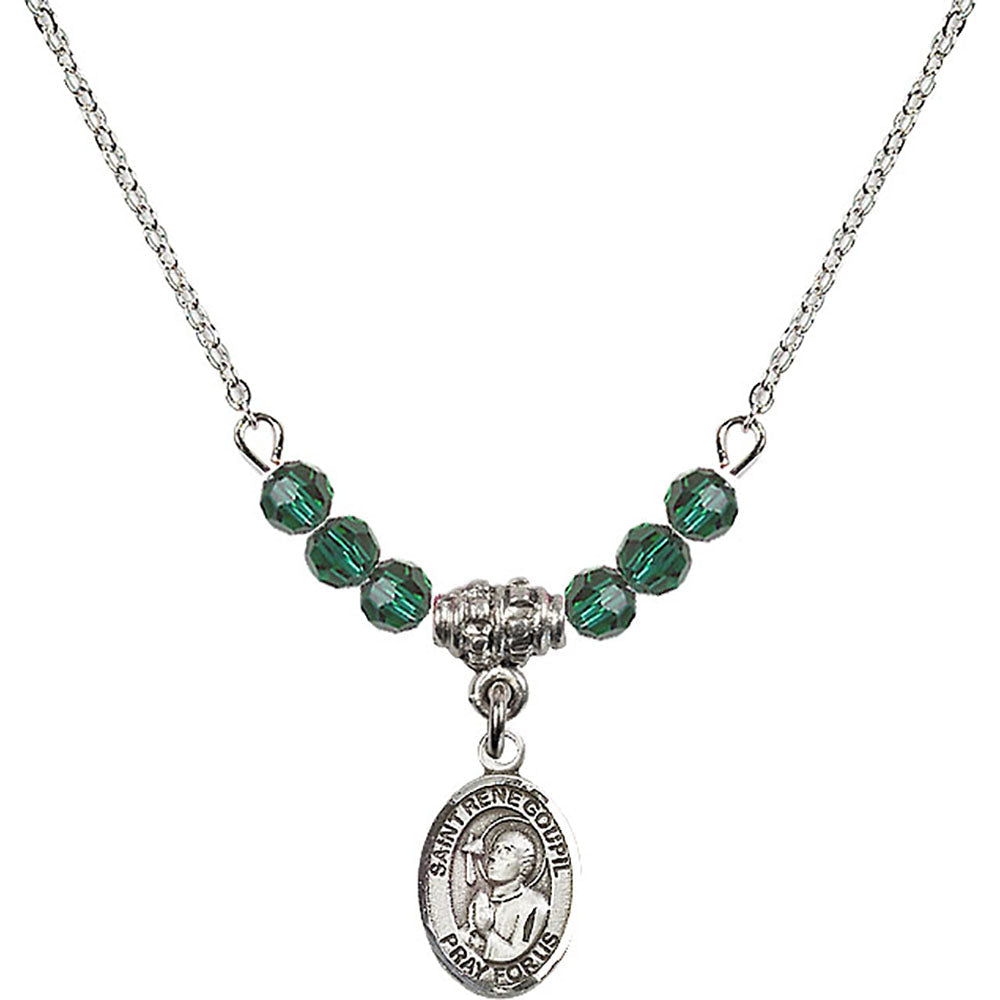 Sterling Silver Saint Rene Goupil Birthstone Necklace with Emerald Beads - 9334