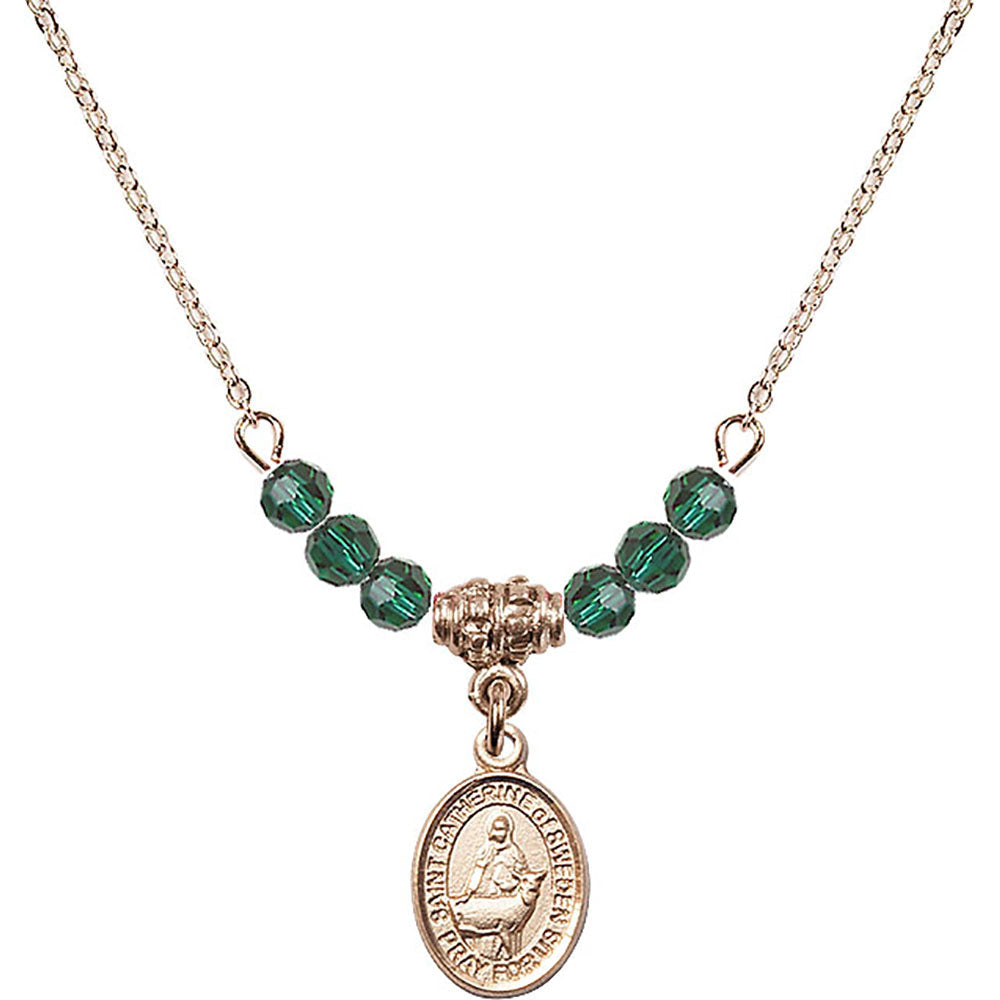 14kt Gold Filled Saint Catherine of Sweden Birthstone Necklace with Emerald Beads - 9336