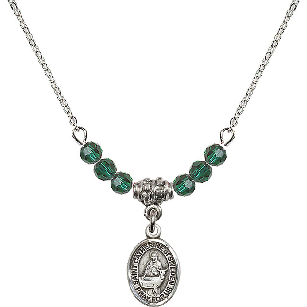 Sterling Silver Saint Catherine of Sweden Birthstone Necklace with Emerald Beads - 9336