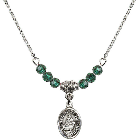 Sterling Silver Saint Catherine of Sweden Birthstone Necklace with Emerald Beads - 9336