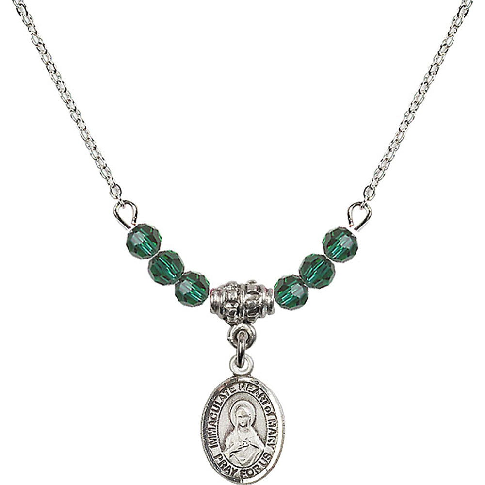 Sterling Silver Immaculate Heart of Mary Birthstone Necklace with Emerald Beads - 9337