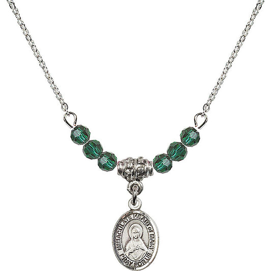Sterling Silver Immaculate Heart of Mary Birthstone Necklace with Emerald Beads - 9337