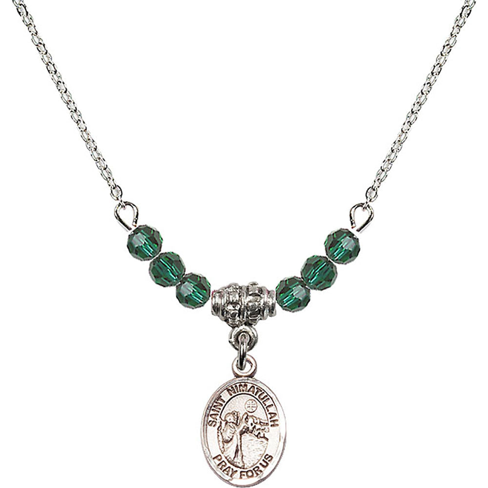 Sterling Silver Saint Nimatullah Birthstone Necklace with Emerald Beads - 9339