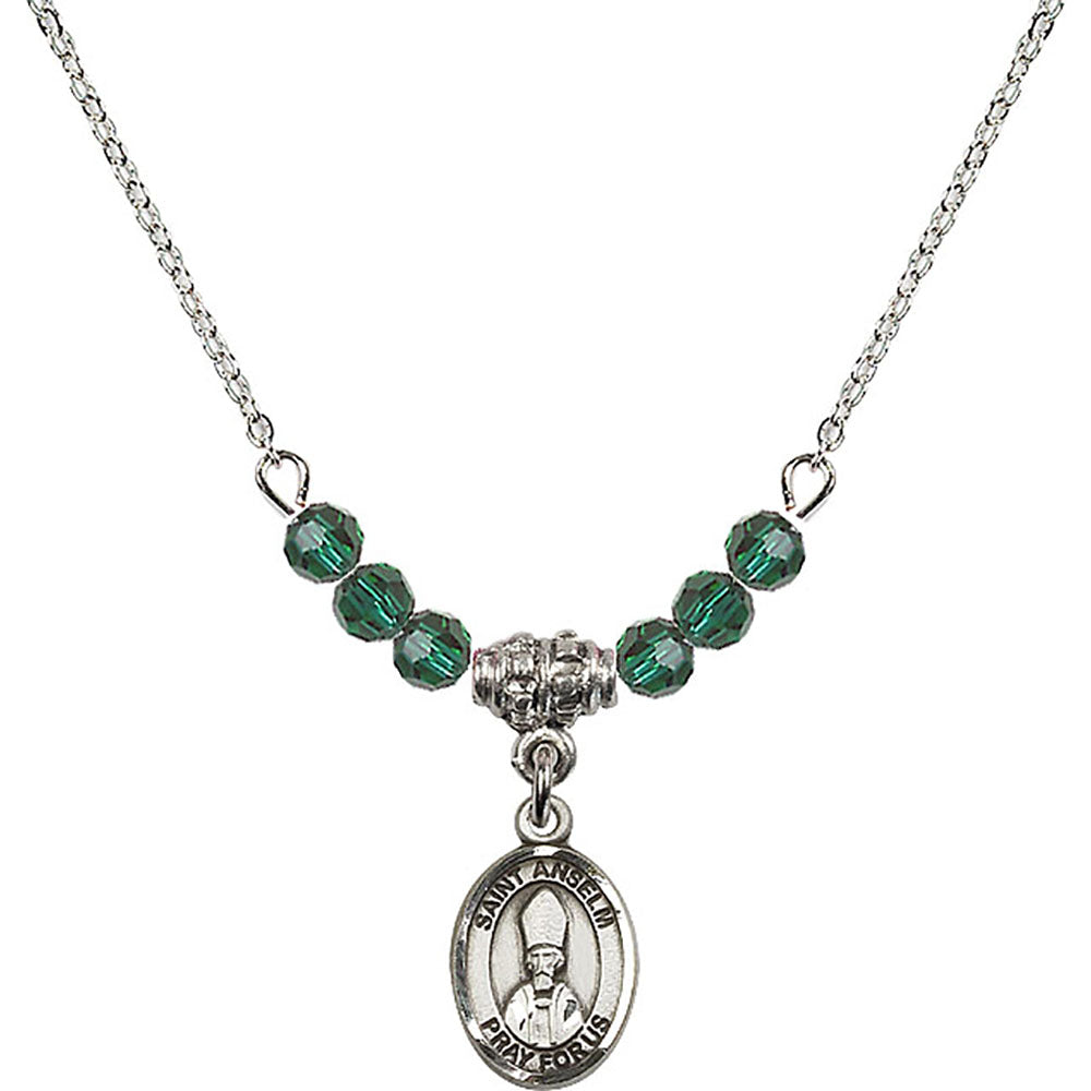 Sterling Silver Saint Anselm of Canterbury Birthstone Necklace with Emerald Beads - 9342