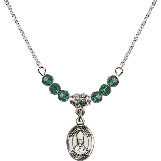 Sterling Silver Saint Anselm of Canterbury Birthstone Necklace with Emerald Beads - 9342