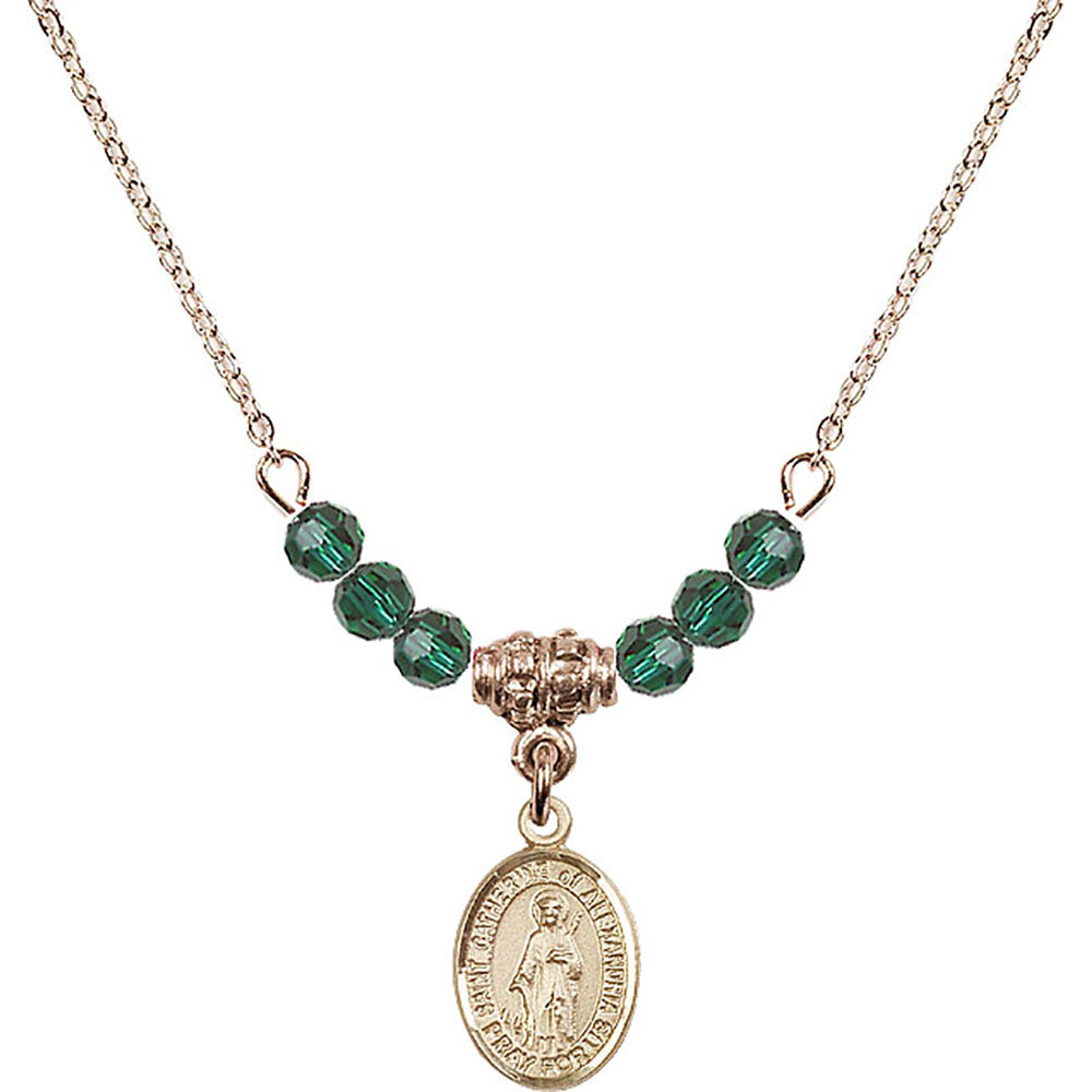 14kt Gold Filled Saint Catherine of Alexandria Birthstone Necklace with Emerald Beads - 9343