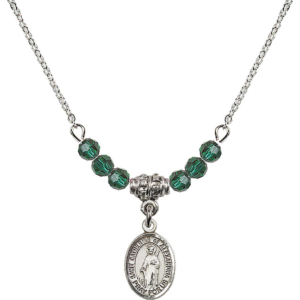 Sterling Silver Saint Catherine of Alexandria Birthstone Necklace with Emerald Beads - 9343