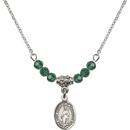 Sterling Silver Saint Catherine of Alexandria Birthstone Necklace with Emerald Beads - 9343