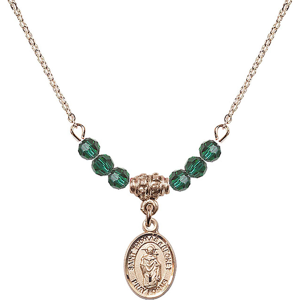 14kt Gold Filled Saint Thomas A Becket Birthstone Necklace with Emerald Beads - 9344