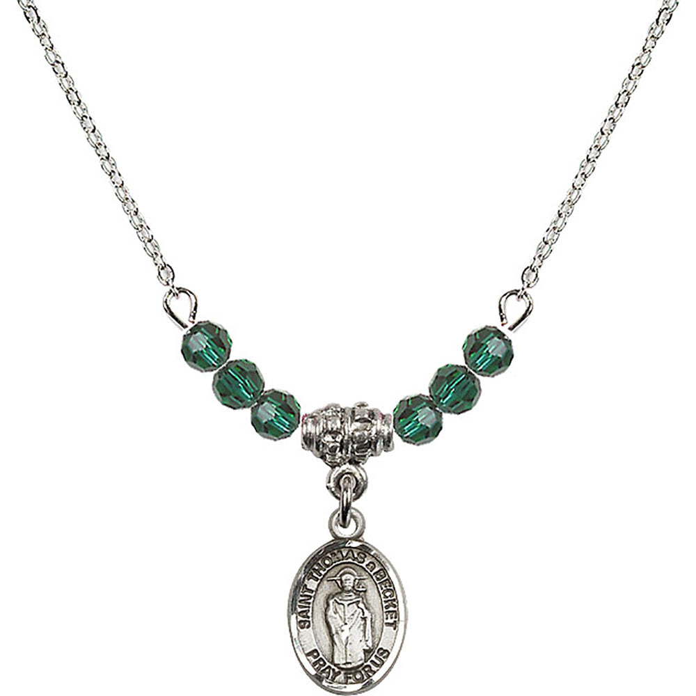 Sterling Silver Saint Thomas A Becket Birthstone Necklace with Emerald Beads - 9344