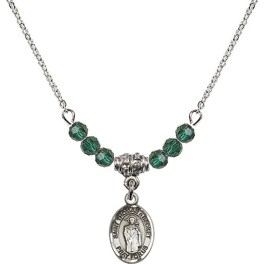 Sterling Silver Saint Thomas A Becket Birthstone Necklace with Emerald Beads - 9344