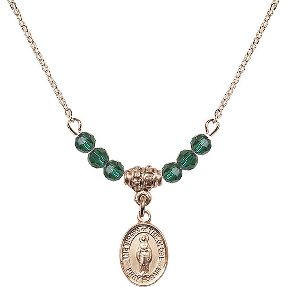 14kt Gold Filled Virgin of the Globe Birthstone Necklace with Emerald Beads - 9345