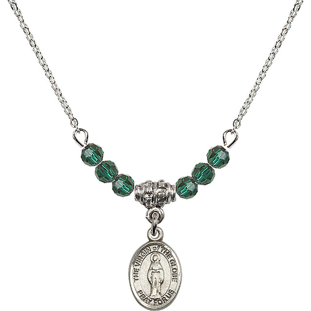 Sterling Silver Virgin of the Globe Birthstone Necklace with Emerald Beads - 9345