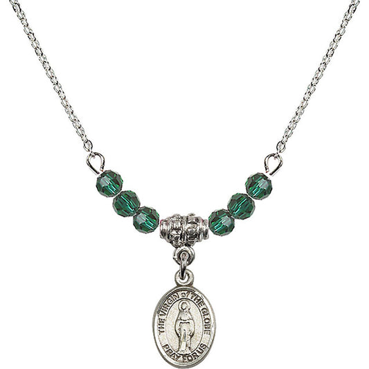 Sterling Silver Virgin of the Globe Birthstone Necklace with Emerald Beads - 9345