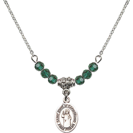 Sterling Silver Saint John of Capistrano Birthstone Necklace with Emerald Beads - 9350