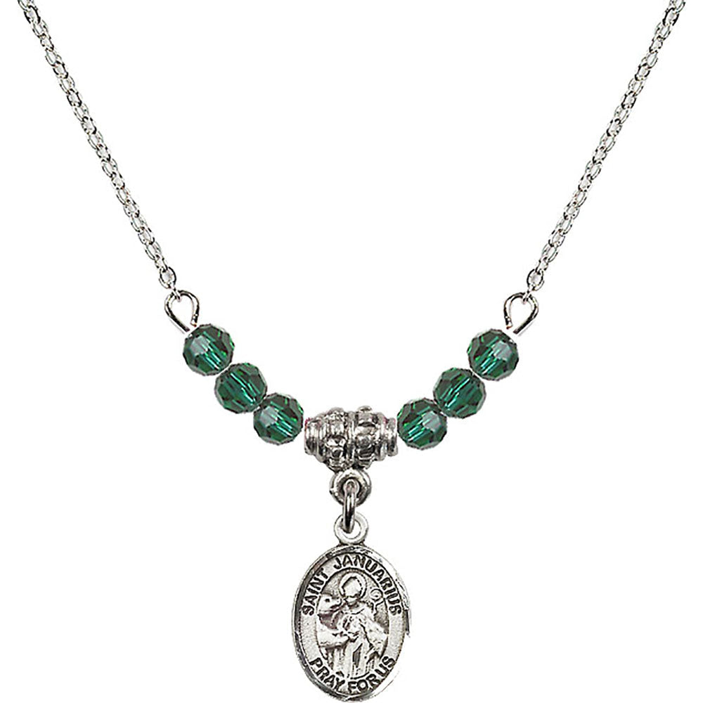 Sterling Silver Saint Januarius Birthstone Necklace with Emerald Beads - 9351