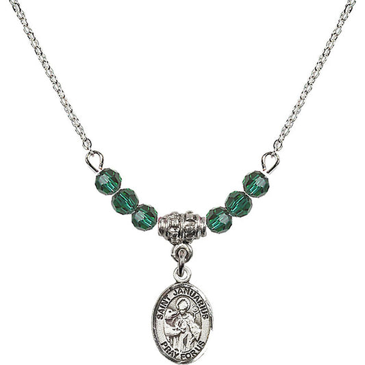 Sterling Silver Saint Januarius Birthstone Necklace with Emerald Beads - 9351