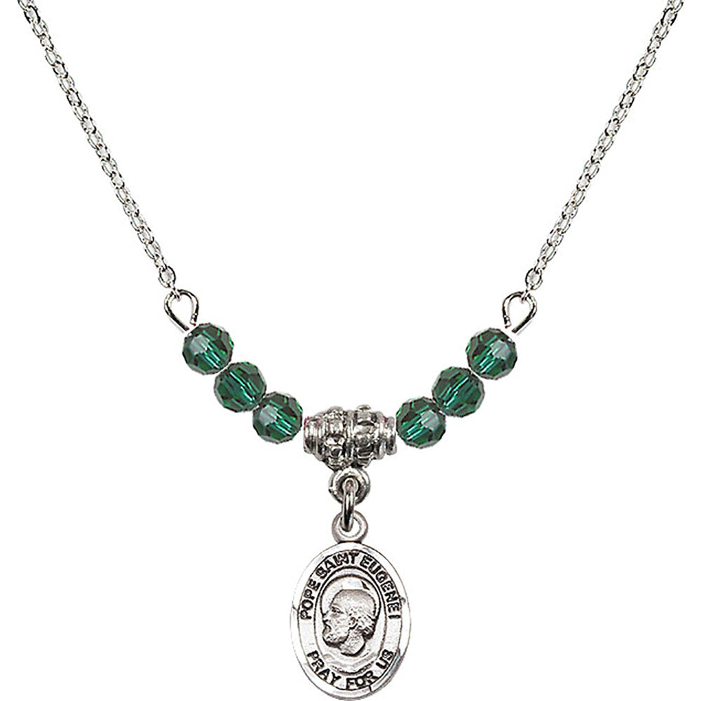 Sterling Silver Pope Saint Eugene I Birthstone Necklace with Emerald Beads - 9352