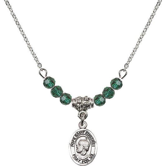 Sterling Silver Pope Saint Eugene I Birthstone Necklace with Emerald Beads - 9352