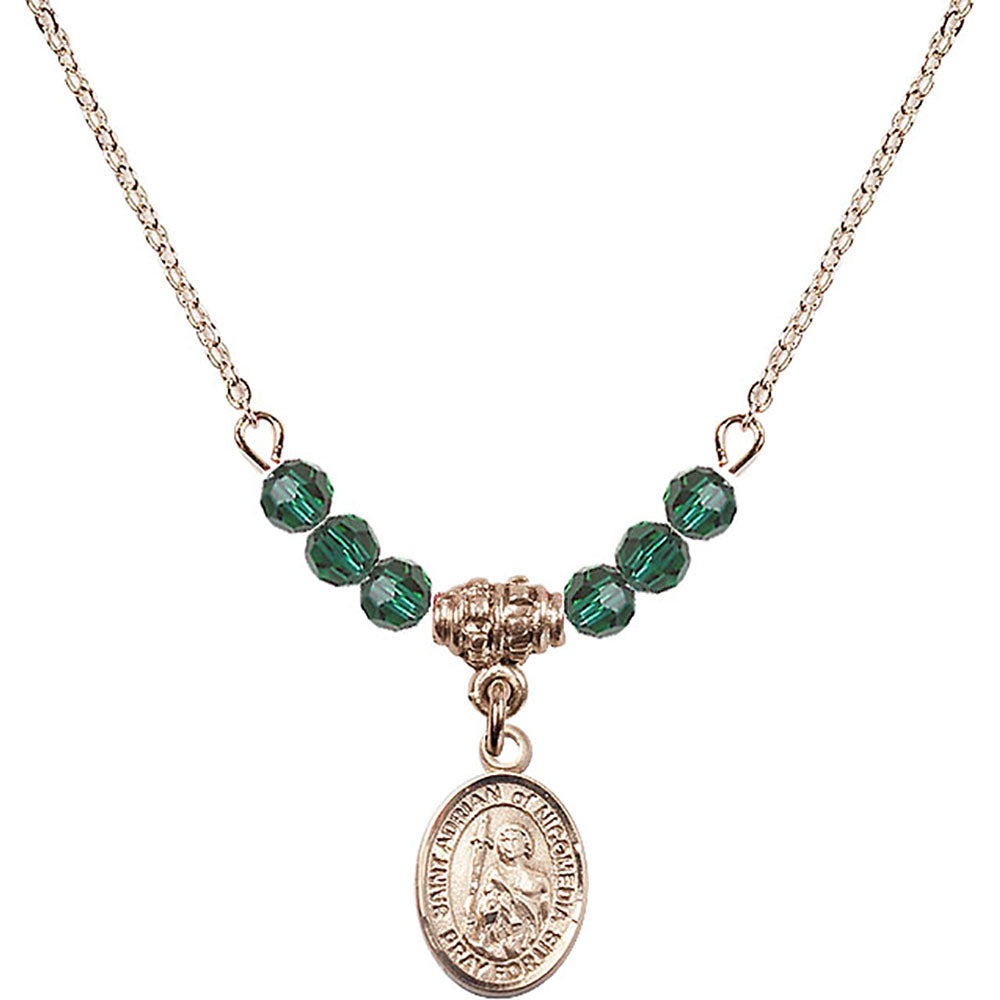 14kt Gold Filled Saint Adrian of Nicomedia Birthstone Necklace with Emerald Beads - 9353